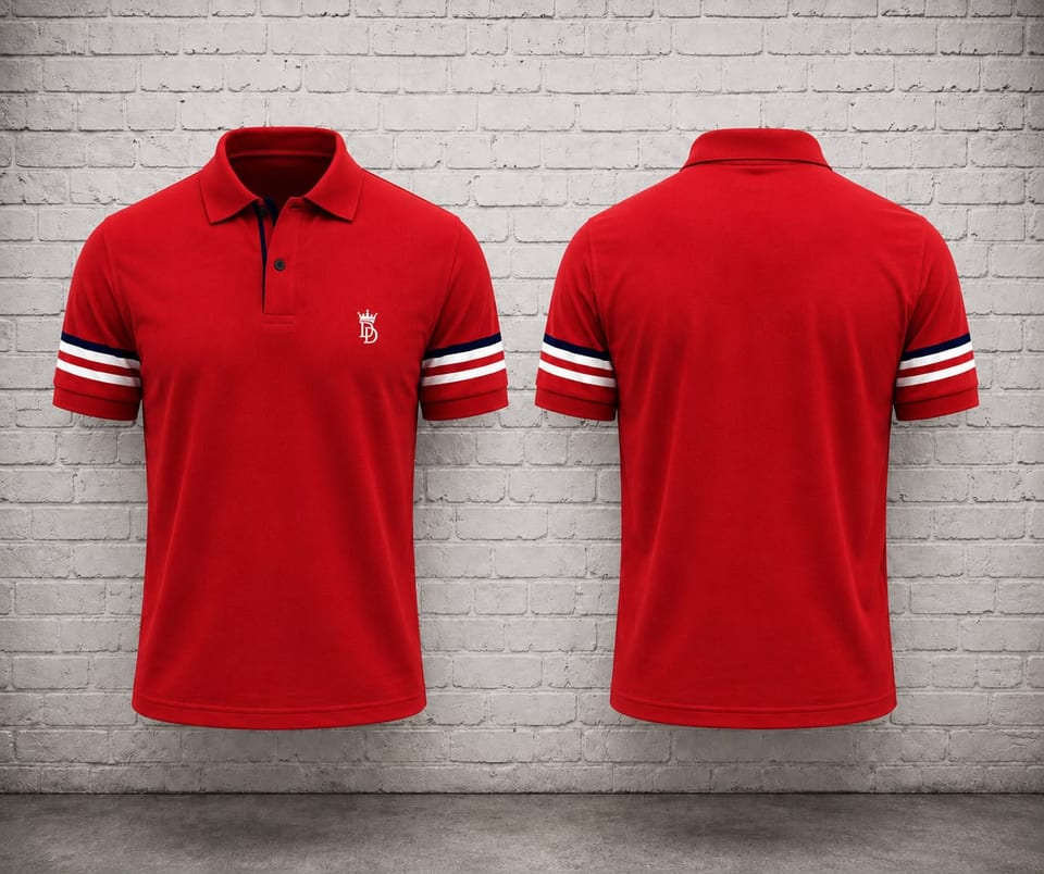 Polo de punto rojo con mangas a rayas — propuesta de diseño