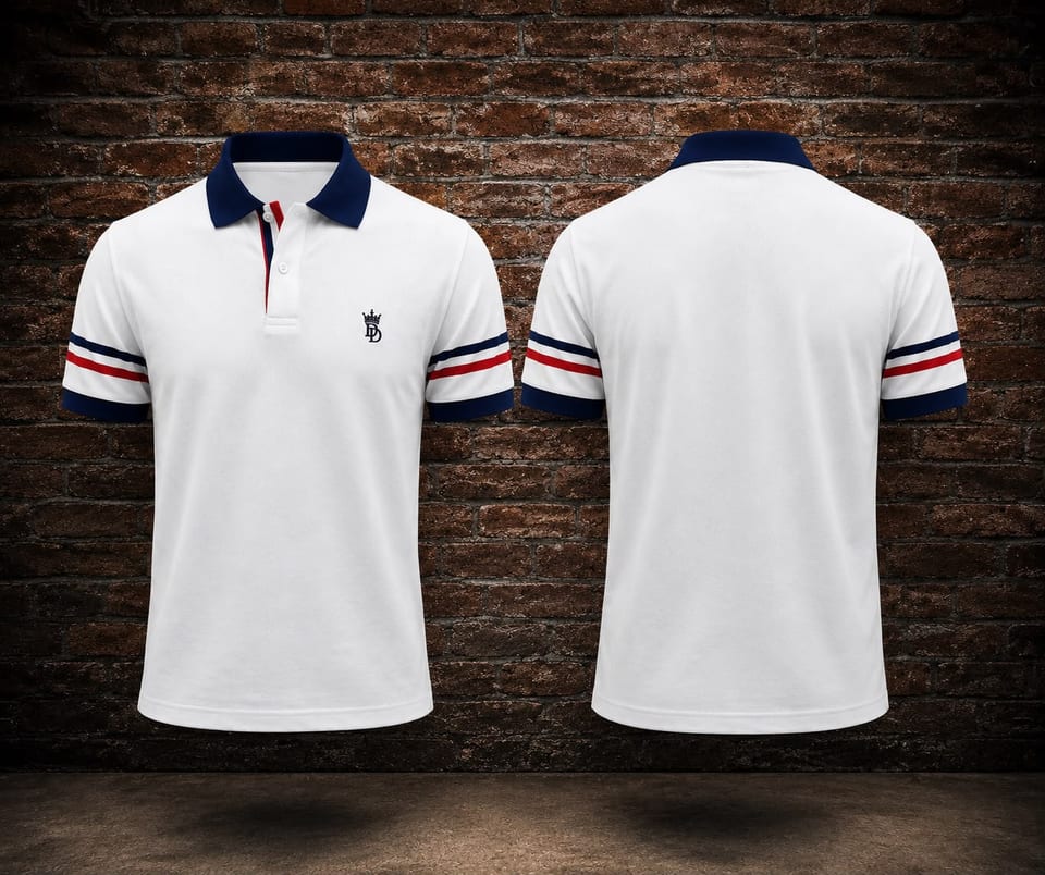 Polo de punto blanco con ribete marino — propuesta de diseño