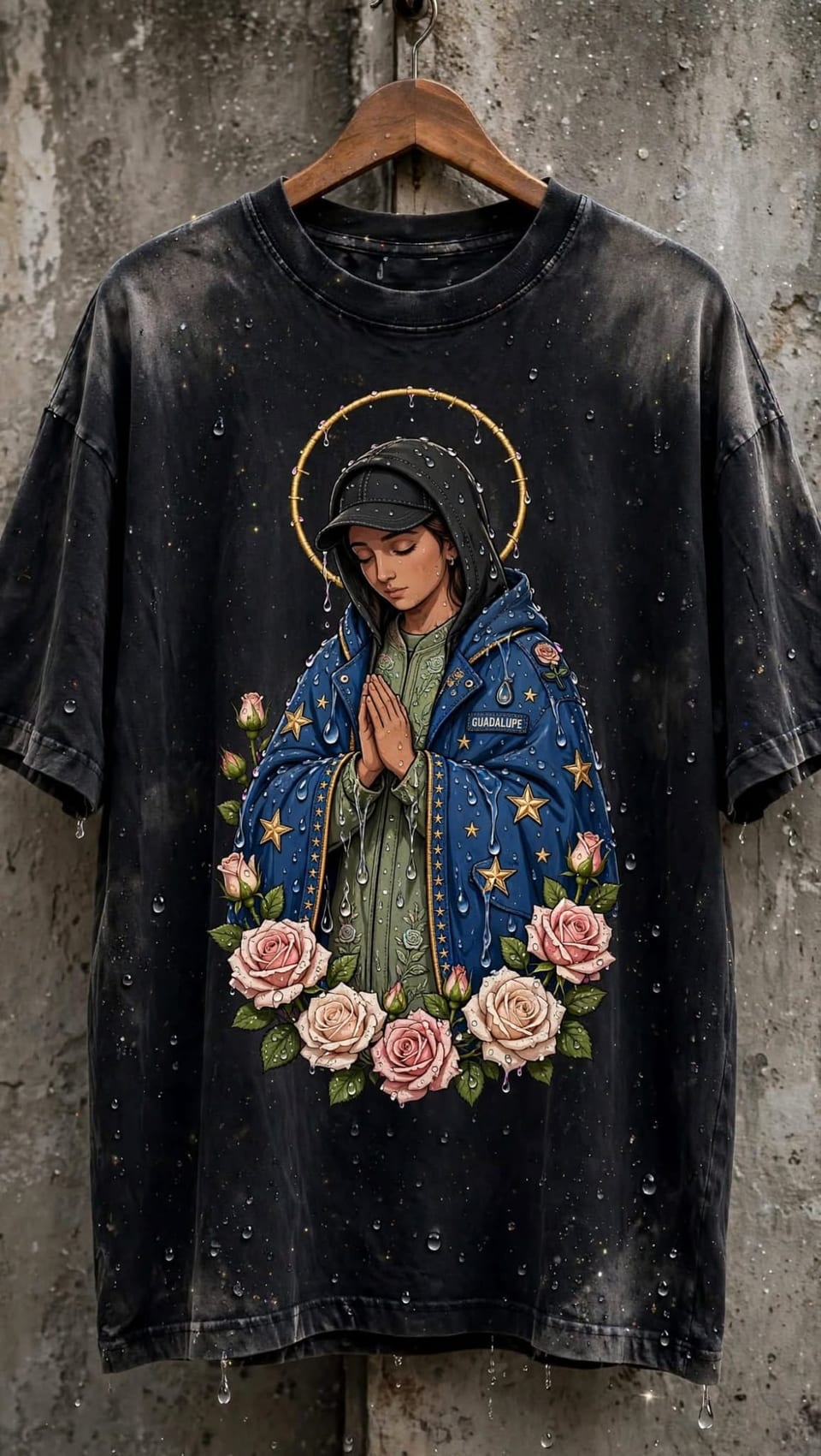 Camiseta oversize con lavado ácido y diseño de la Guadalupe